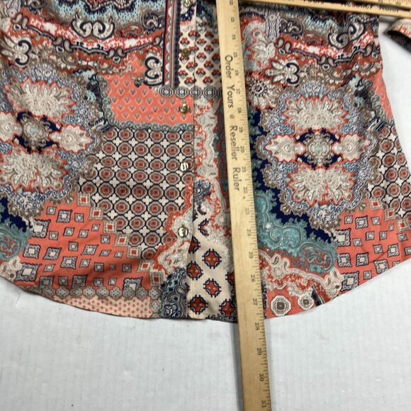 Chico’s Boho Patchwork Print Non-Iron Shirt 2 L Long Sleeve Work Button Down Top - Picture 6 of 10